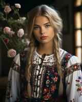 en skön ung kvinna i en traditionell ukrainska klänning generativ ai foto