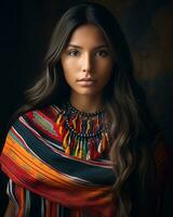 en skön ung kvinna med lång hår bär en färgrik scarf generativ ai foto