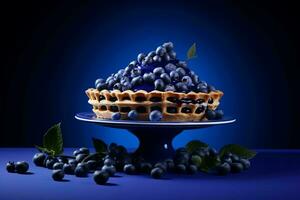 en blåbär paj på en blå tallrik generativ ai foto