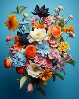 en bukett av färgrik blommor på en blå bakgrund generativ ai foto