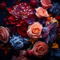 en bukett av färgrik blommor på en mörk bakgrund generativ ai foto