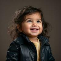 en liten flicka i en svart jacka leende på de kamera generativ ai foto