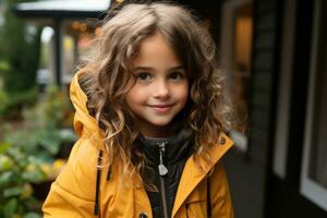 en liten flicka i en gul jacka stående utanför generativ ai foto