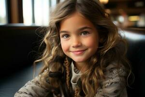 en liten flicka med lockigt hår Sammanträde på en soffa generativ ai foto