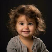 en liten flicka med lockigt hår ler för de kamera generativ ai foto