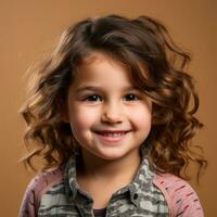 en liten flicka med lockigt hår leende på de kamera generativ ai foto