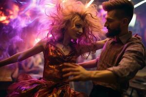 en man och kvinna är dans i en nattklubb generativ ai foto