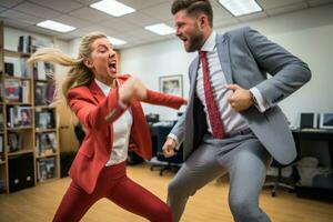 en man och kvinna i företag klädsel stridande i ett kontor generativ ai foto