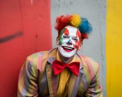 en man i en clown kostym är leende medan Framställ i främre av en färgrik vägg generativ ai foto
