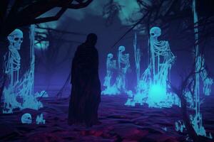 en man i svart stående i främre av skelett i en mörk skog generativ ai foto