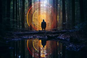 en man stående i de mitten av en skog omgiven förbi ljus generativ ai foto
