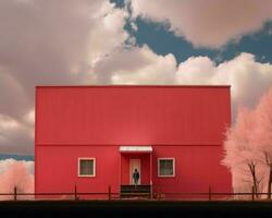 en man står i främre av en rosa hus generativ ai foto