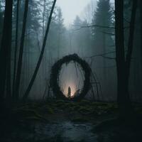 en person stående i de mitten av en cirkel i de mitten av en dimmig skog generativ ai foto