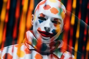 en person med en clown ansikte målad på deras ansikte generativ ai foto