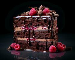 en bit av choklad kaka med hallon på topp generativ ai foto