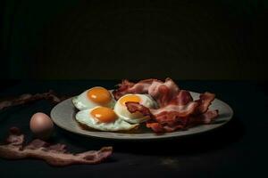 en tallrik med två ägg och bacon på den generativ ai foto