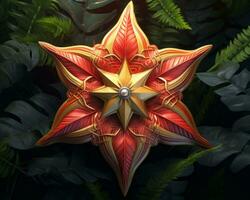 en röd och guld stjärna är omgiven förbi grön växter generativ ai foto