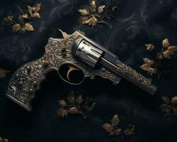 en revolver på en mörk bakgrund med guld löv generativ ai foto