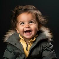 en leende bebis i en jacka med en päls krage generativ ai foto