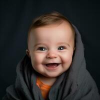 en leende bebis insvept i en grå filt generativ ai foto