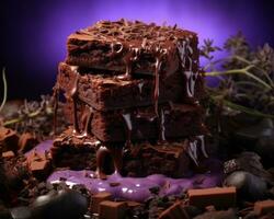 en stack av choklad brownies på en lila bakgrund generativ ai foto