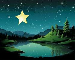 en stjärna lysande i de natt himmel över en sjö och bergen generativ ai foto