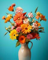 en vas fylld med färgrik blommor på en blå bakgrund generativ ai foto