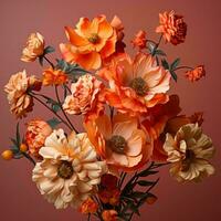 en vas fylld med orange blommor på en rosa bakgrund generativ ai foto