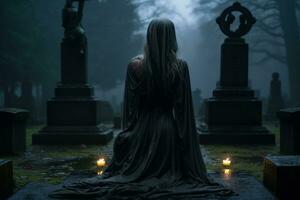 en kvinna i en svart klänning Sammanträde på de jord i en kyrkogård generativ ai foto