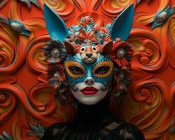 en kvinna i en färgrik mask med blå och orange blommor generativ ai foto