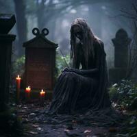 en kvinna i en gotik klänning Sammanträde i en kyrkogård med ljus generativ ai foto