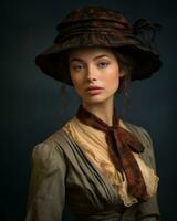 en kvinna i en hatt och klänning Framställ för de kamera generativ ai foto