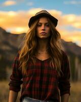 en kvinna i en hatt och pläd skjorta stående i en fält generativ ai foto