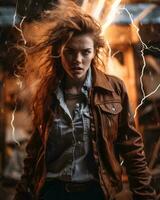 en kvinna i en läder jacka stående i främre av blixt- generativ ai foto