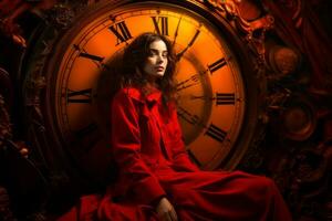 en kvinna i en röd klänning Sammanträde i främre av en stor klocka generativ ai foto