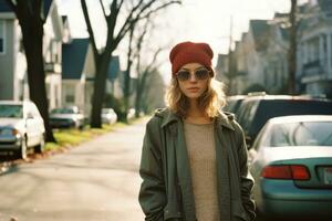 en kvinna i solglasögon och en röd hatt stående på en gata generativ ai foto