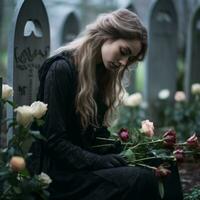 en kvinna Sammanträde i en kyrkogård med ro generativ ai foto