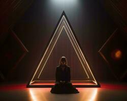 en kvinna Sammanträde i främre av en triangel formad ljus generativ ai foto