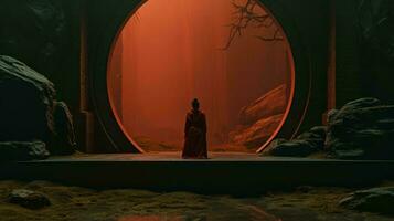 en kvinna stående i främre av en röd dörr generativ ai foto