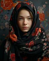 en kvinna bär en svart och röd blommig sjal generativ ai foto