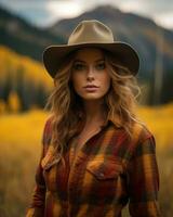 en kvinna bär en hatt och pläd skjorta i en fält generativ ai foto