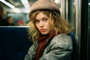 en kvinna bär en hatt och scarf Sammanträde på en tåg generativ ai foto