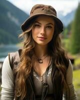 en kvinna bär en hatt och väst stående i främre av en sjö generativ ai foto