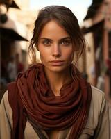 en kvinna bär en scarf i ett bakgata generativ ai foto