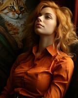 en kvinna bär ett orange skjorta generativ ai foto
