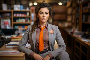 en kvinna bär ett orange slips Sammanträde i främre av en bokhylla generativ ai foto