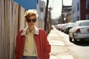 en kvinna bär solglasögon och en röd jacka stående i främre av en staket generativ ai foto