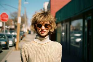 en kvinna bär solglasögon och en Tröja stående på en stad gata generativ ai foto