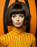 en kvinna med en kort brun hår och ett orange topp generativ ai foto