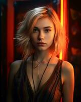 en kvinna med blond hår och en halsband i främre av neon lampor generativ ai foto